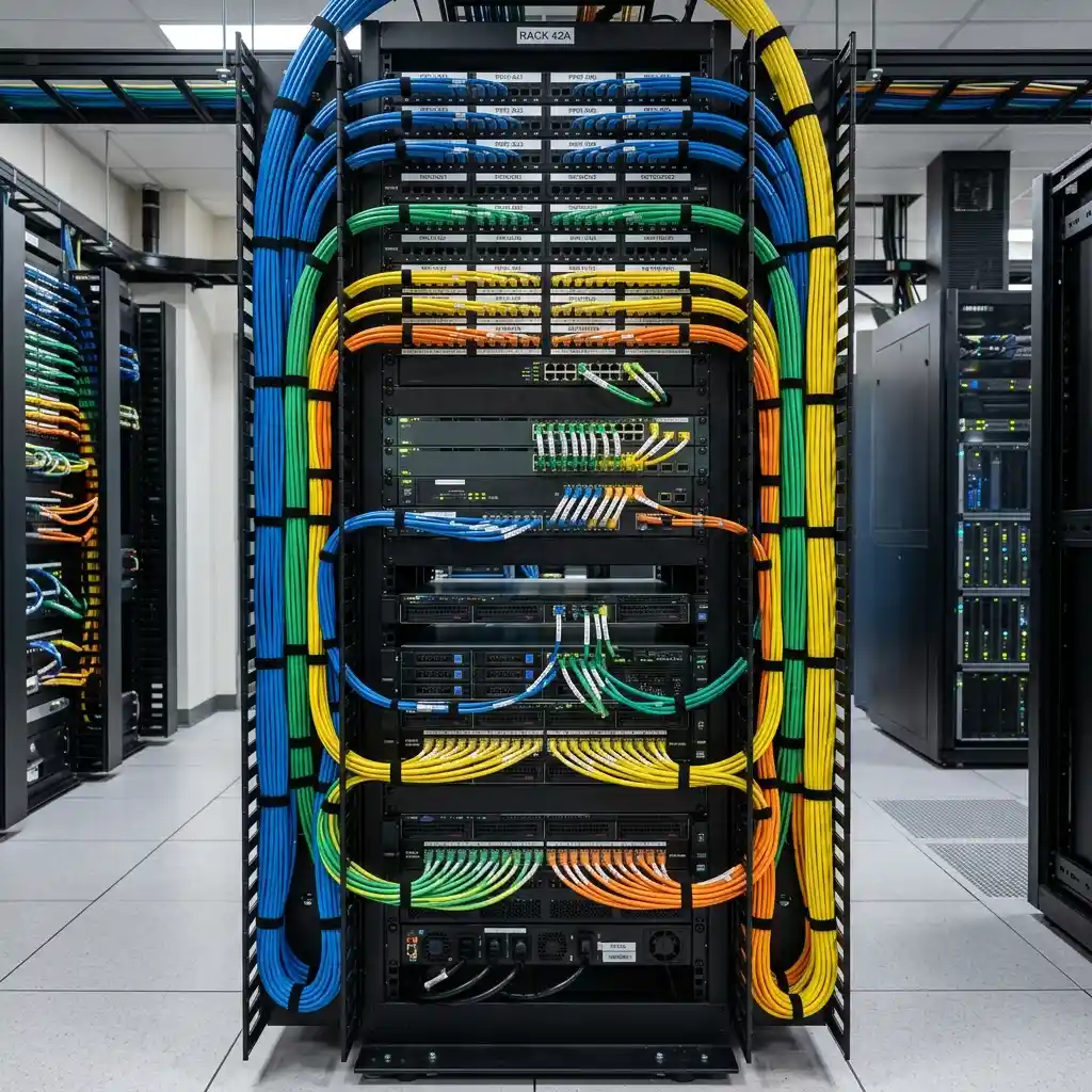 Peinado y ordenamiento profesional de cables en Rack de comunicaciones